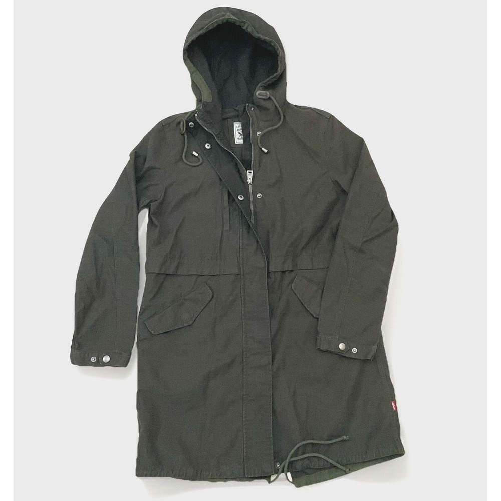 Olive Green Hooded Parka Jacket Military Style Coat Sz Med Levi's Y2K‎ 90's - Picture 2 of 12